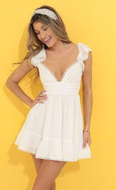 Embroidered Trim V-Neck Dress in White